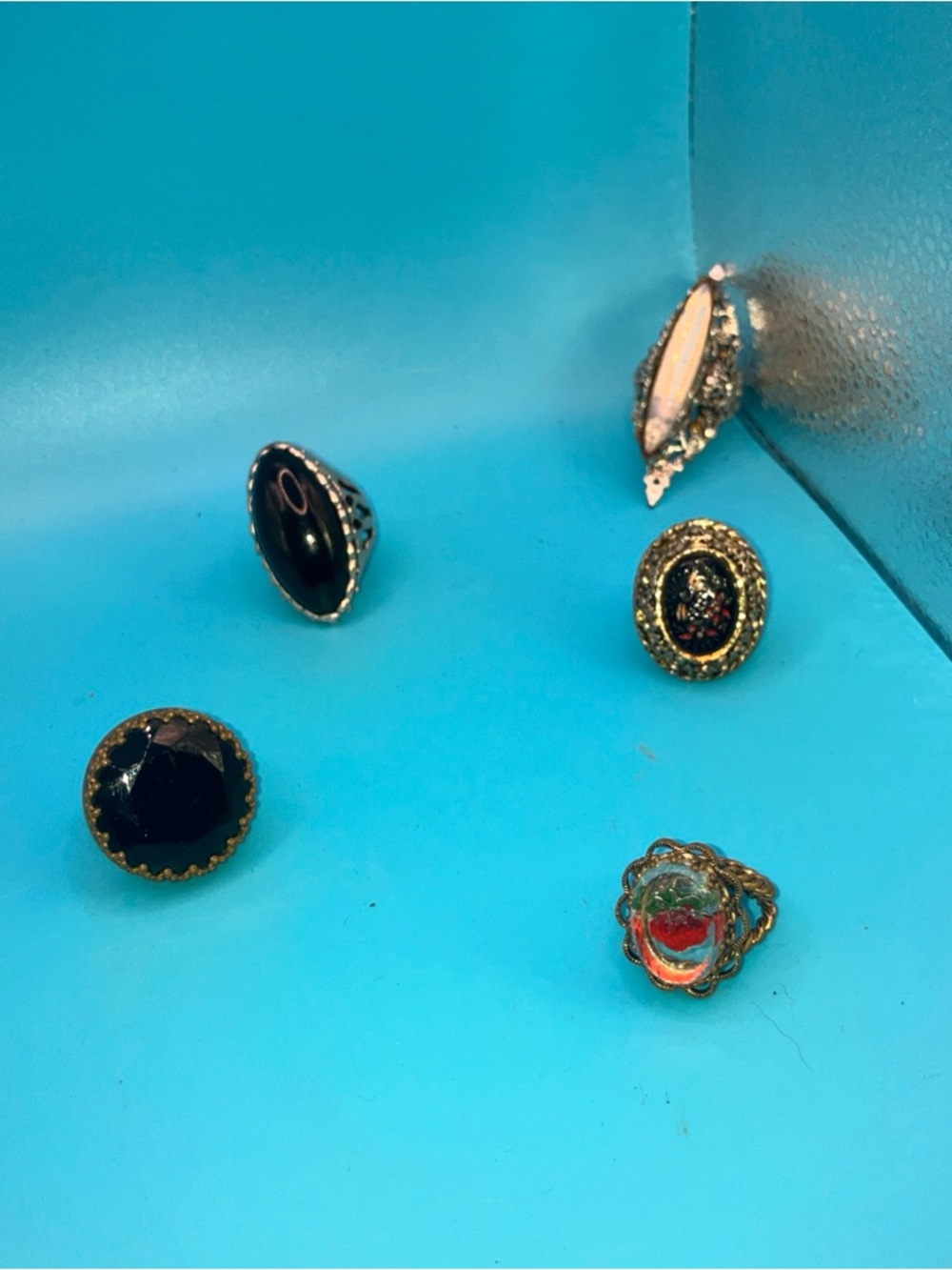 Vintage-Inspired Black and Multicolor Stone Fashion Rings - Unbranded